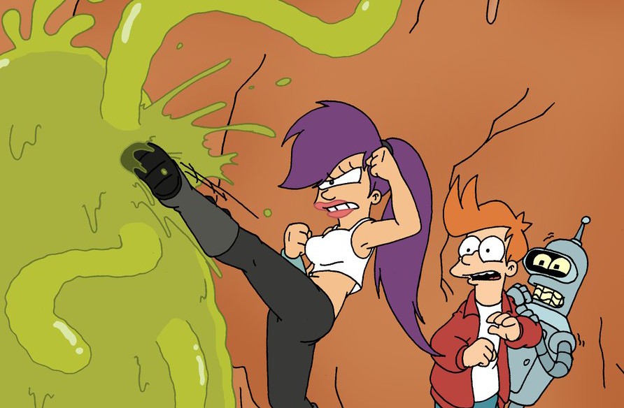 cartoon image of woman with purple hair kicking a green blob with a robot and man in the background looking frightened