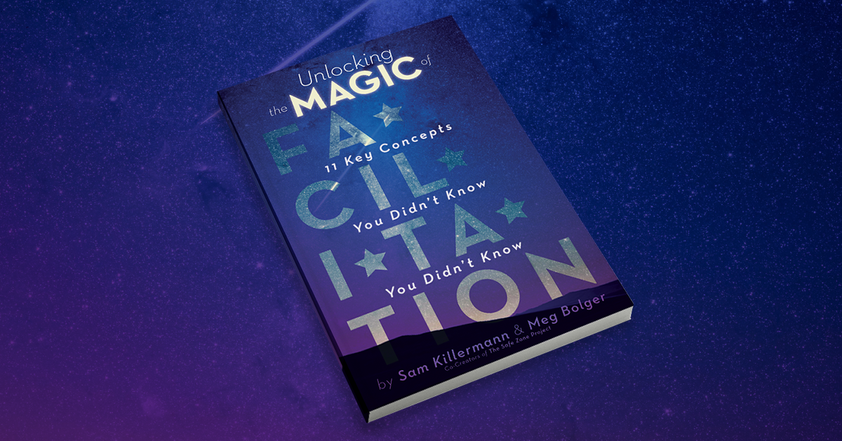 image of the book, "Unlocking the magic of facilitation" with a blue and purple background