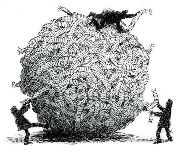 cartoon image of three people trying to untangle a huge ball of yarn