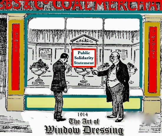 A cartoon in early 1900's style with two men admiring a window dressing that says, "Public Solidarity Statement"